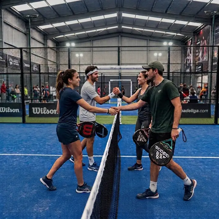 Jugadores de pádel se saludan en la red al final de un partido